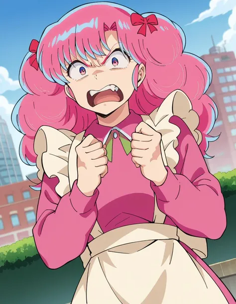 score_9, score_8_up, score_7_up, source_anime,
uruseiyatsuraran, <lora:urusei-ran-ponyxl-lora-nochekaiser:1>,
ran, long hair, bangs, pink hair, bow, hair bow, red bow, pink eyes, angry, anger vein, shouting, open mouth,
long sleeves, apron, white apron, shirt, pink shirt, frills, long sleeves,
outdoors, cityscape,
looking at viewer, cowboy shot, dutch angle,