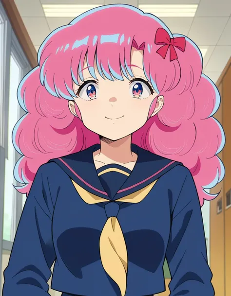 score_9, score_8_up, score_7_up, source_anime,
uruseiyatsuraran, <lora:urusei-ran-ponyxl-lora-nochekaiser:1>,
ran, long hair, bangs, pink hair, bow, hair bow, red bow, pink eyes, smile,
shirt, long sleeves, school uniform, serafuku, sailor collar, neckerchief, yellow neckerchief, shirt, blue shirt, blue sailor collar, blue skirt,
indoors, classroom, hallway,
looking at viewer, cowboy shot, dutch angle,
