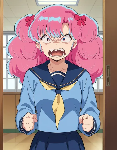 score_9, score_8_up, score_7_up, source_anime,
uruseiyatsuraran, <lora:urusei-ran-ponyxl-lora-nochekaiser:1>,
ran, long hair, bangs, pink hair, bow, hair bow, red bow, pink eyes, angry, anger vein, shouting, open mouth,
shirt, long sleeves, school uniform, serafuku, sailor collar, neckerchief, yellow neckerchief, shirt, blue shirt, blue sailor collar, blue skirt,
indoors, classroom, hallway,
looking at viewer, cowboy shot, dutch angle,