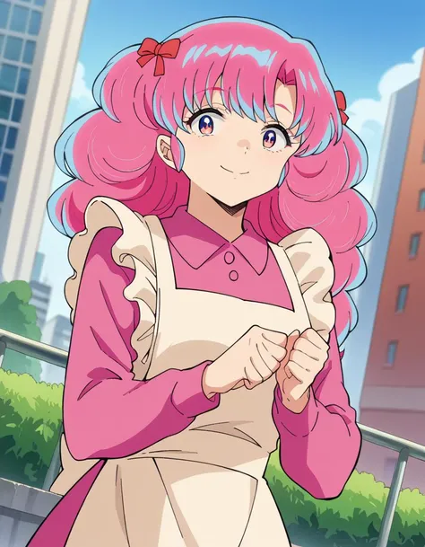 score_9, score_8_up, score_7_up, source_anime,
uruseiyatsuraran, <lora:urusei-ran-ponyxl-lora-nochekaiser:1>,
ran, long hair, bangs, pink hair, bow, hair bow, red bow, pink eyes, smile,
long sleeves, apron, white apron, shirt, pink shirt, frills, long sleeves,
outdoors, cityscape,
looking at viewer, cowboy shot, dutch angle,