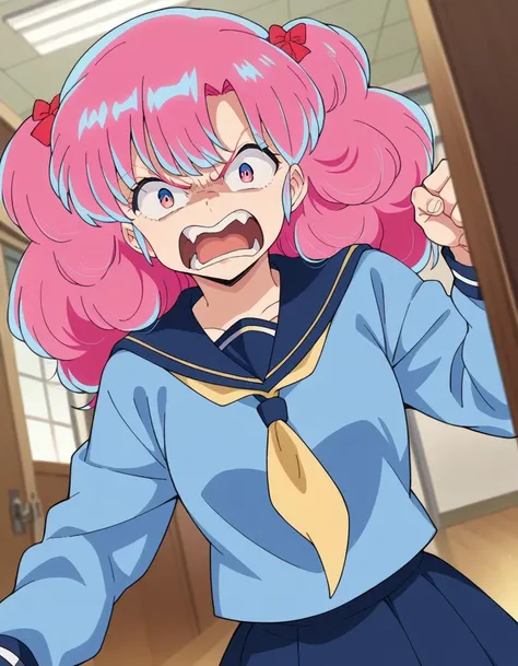 score_9, score_8_up, score_7_up, source_anime,
uruseiyatsuraran, <lora:urusei-ran-ponyxl-lora-nochekaiser:1>,
ran, long hair, bangs, pink hair, bow, hair bow, red bow, pink eyes, angry, anger vein, shouting, open mouth,
shirt, long sleeves, school uniform, serafuku, sailor collar, neckerchief, yellow neckerchief, shirt, blue shirt, blue sailor collar, blue skirt,
indoors, classroom, hallway,
looking at viewer, cowboy shot, dutch angle,