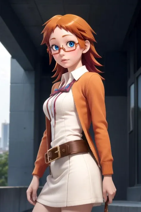 photorealistic, (4k), depth of field, (Masterpiece), (realistic skin texture), extremely detailed, intricate, hyper detailed, high resolution, professional photography, , depth of field, sharp detail, best quality, , 1girl, solo, <lora:mikan_akemi:0.84>, mikan_akemi, orange hair, blue eyes, , glasses, , pilgrim costume, cyberpunk, Blu-ray