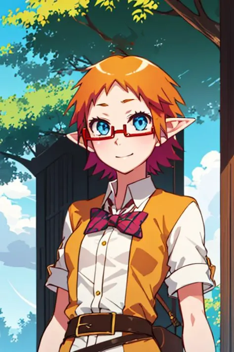 (best quality:1.1), (masterpiece:1.4), sketch, , upper body, depth of field, , , 1girl, solo, <lora:mikan_akemi:0.82>, mikan_akemi, orange hair, blue eyes, short hair, glasses, red-framed eyewear, under-rim eyewear, semi-rimless eyewear, decade costume, Middle Earth: A vast and ancient world, home to Elves, Dwarves, Hobbits, and Wizards,