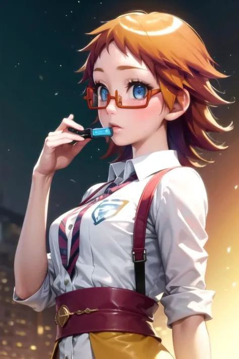 photorealistic, (4k), depth of field, (Masterpiece), (realistic skin texture), extremely detailed, intricate, hyper detailed, high resolution, professional photography, bokeh, depth of field, sharp detail, best quality, , 1girl, solo, <lora:mikan_akemi:0.98>, mikan_akemi, orange hair, blue eyes, short hair, glasses, , japanese costume, science fiction social science fiction, 12k resolution