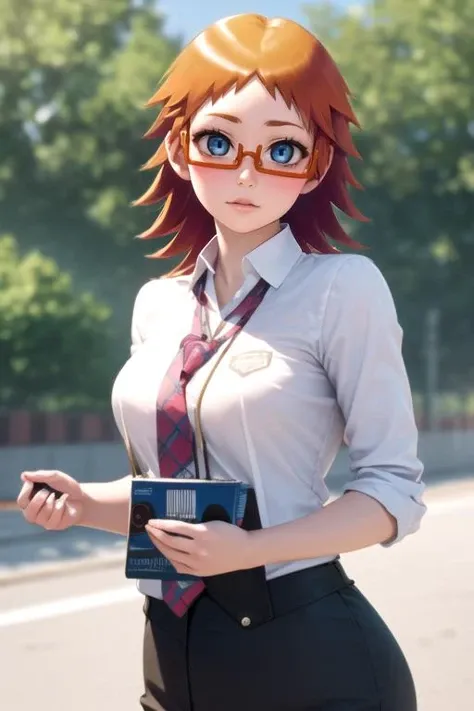 photorealistic, (4k), depth of field, (Masterpiece), (realistic skin texture), extremely detailed, intricate, hyper detailed, high resolution, professional photography, , depth of field, sharp detail, best quality, , 1girl, solo, <lora:mikan_akemi:1>, mikan_akemi, orange hair, blue eyes, short hair, glasses, , business attire, , zoo, HD-DVD