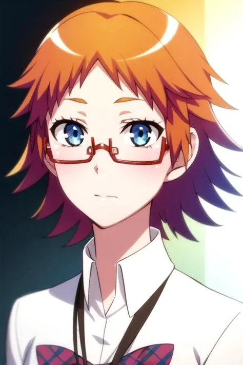 photorealistic, (4k), depth of field, (Masterpiece), (realistic skin texture), extremely detailed, intricate, hyper detailed, high resolution, professional photography, bokeh, depth of field, sharp detail, best quality, , 1girl, solo, <lora:mikan_akemi:0.86>, mikan_akemi, orange hair, blue eyes, short hair, glasses, red-framed eyewear, under-rim eyewear, semi-rimless eyewear, , ,