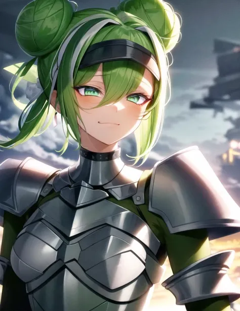 cluseller, best quality, incredibly absurdres, illustration, digital painting, upper body, 1girl, small breasts, Blue hair with Green streaked hair, undercut, (single hair bun:1.4), smug, light green eyes, (wearing fantasy style breastplate and visor armor), landscape with Contrast of Brightness and Darkness and cloudy sky, finely detailed background, amazing background