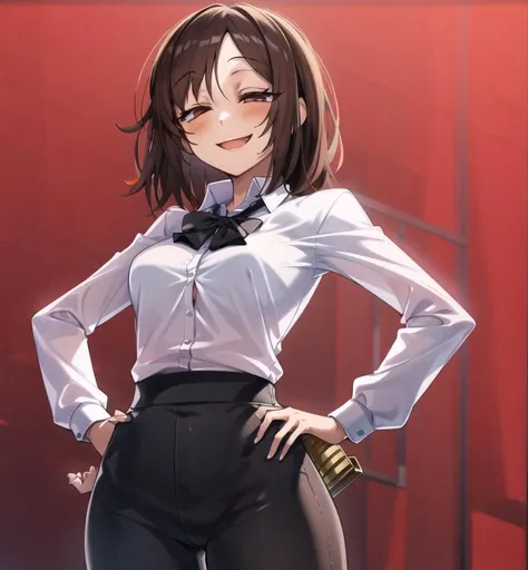 cluseller, jk, best quality, detailed character, 1girl, solo, cowboy shot, hands on hips, smile, closed eyes, Brown eyes, (medium hair, dyed Bangs:1.3), Dark raspberry hair, medium breasts, collared shirt, incredibly absurdres, simple, beautifully detailed background, amazing background