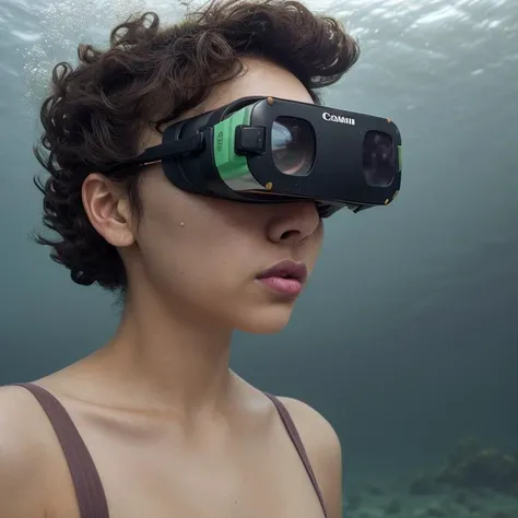 Underwater photography, Latino, aged, woman, Medium hair, Bangs hair, Afro taper fade, Chocolate Brown hair, Hair flower, Upturned eyes shape, Green eyes, virtual reality glasses, Thin lips, Mauve lips, Square with Sharp Jaw, Sunset eye makeup, Proud, Flyweight body, Sexy pose, Holding microphone, Streetwear dress, Ambient light, Auroras, Morning, Hazy, Neutral gray background, Countryside background, Canon EOS RP, Static shot, Top view