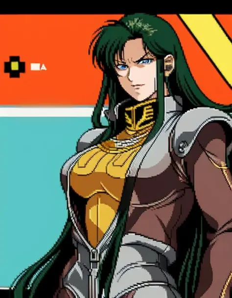 (pixel art), <lora:cima_garahau_lora:0.8>, 1girl, cima garahau, solo, looking at viewer, cowboy shot, spaceship hangar background, masterpiece, angry face, close up