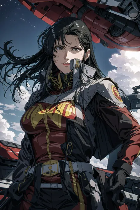 absurdres, (best quality), (masterpiece),(ultra-detailed:1.2),(photorealistic:1.4),(highres),(front:1.3),cowboy shot,
1girl,solo,mature women,walking,angry,Forehead wrinkles,shaded face,(faded:1.7),
red military uniform,reach out,
brown cape,swirling ,(wind:1.2),floating,fluttering ,
<lora:cima_garahau_lora:0.8> cima garahau,
in the spaceship,hanger,night,starry,
<lora:flat2:-0.4>,
<lora:anime_minimalist_v1-000020:-0.2>,
<lora:LowRa:0.5>