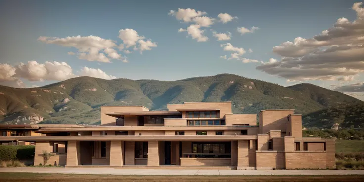 (raw photo:1.2),(photorealistic:1.4),huge filesize,ultra-detailed,extremely detailed,best quality,masterpiece,8k,a house design by Frank Lloyd Wright,outdoor,Eaves out,<lora:FLW-000004:0.8>,