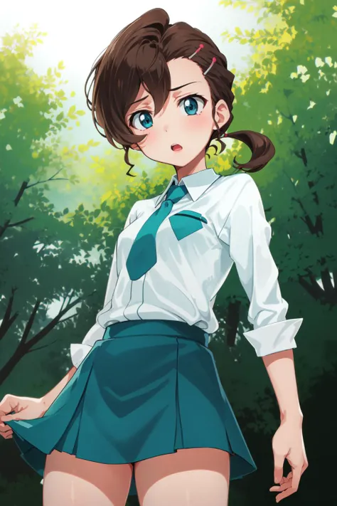 inuyama mana, 1girl, white shirt, teal skirt, teal necktie, cowboy shot, ponytail, in the woods, <lyco:KitsuneAi-InuyamaMana-LoCon32V1-000007:1.0>