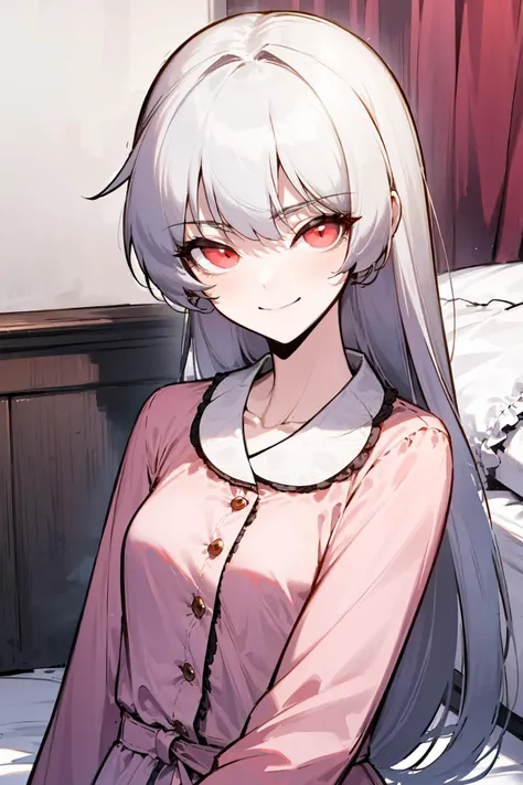 anime girl with long white hair and red eyes sitting on a bed