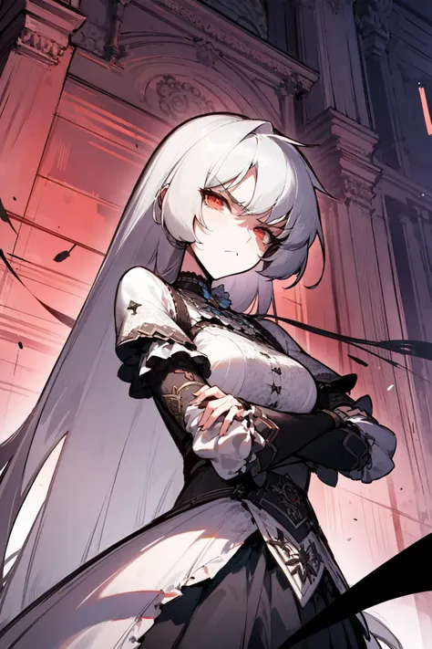 anime girl with long white hair and black dress holding a sword