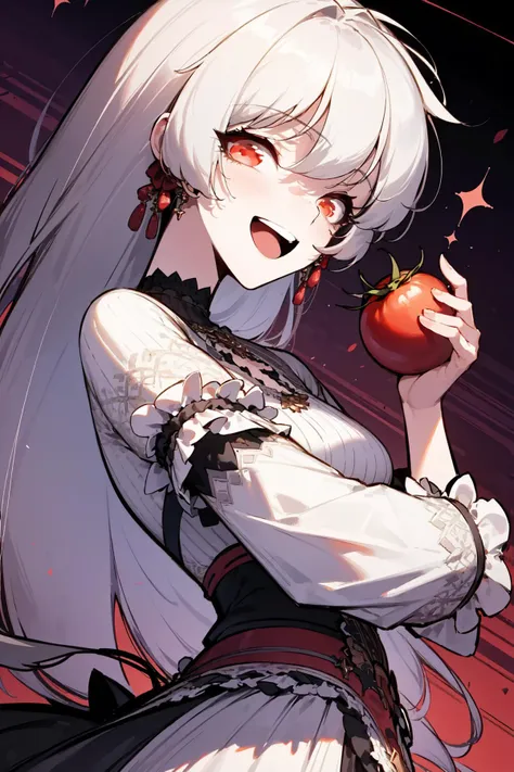 masterpiece, high quality, <lora:Alice_Human-000003:1> 1girl, THG-Alice, white hair, red eyes, cup, tomato, holding fruit, holding tomato, smile, open mouth, looking at viewer, + +, cowboy shot