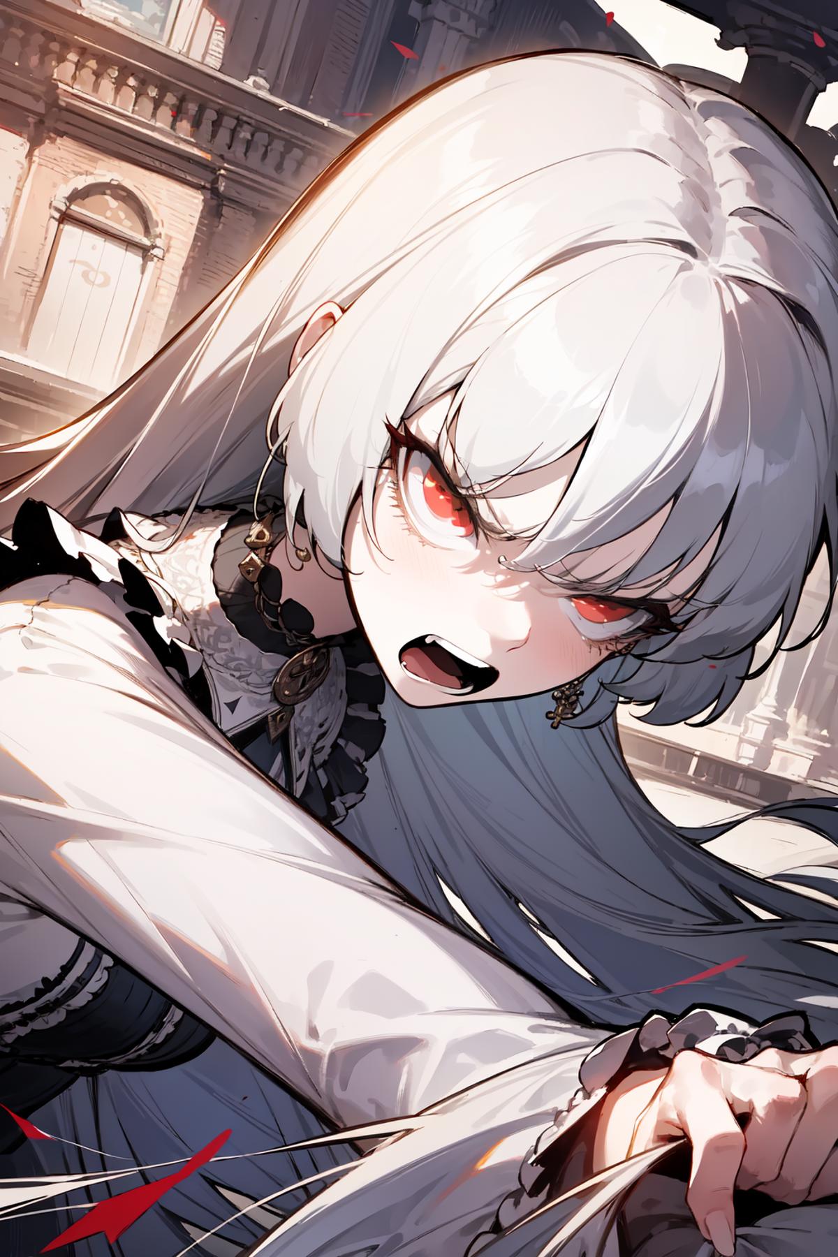 Anime girl with white hair and black dress holding a knife - SeaArt AI