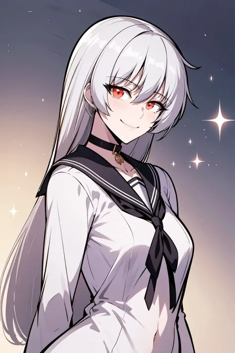 masterpiece, high quality, <lora:Alice_Human:1> 1girl, solo, THG-Alice, white hair, black serafuku, black sailor collar, smile, upper body, cowboy shot, magical girl