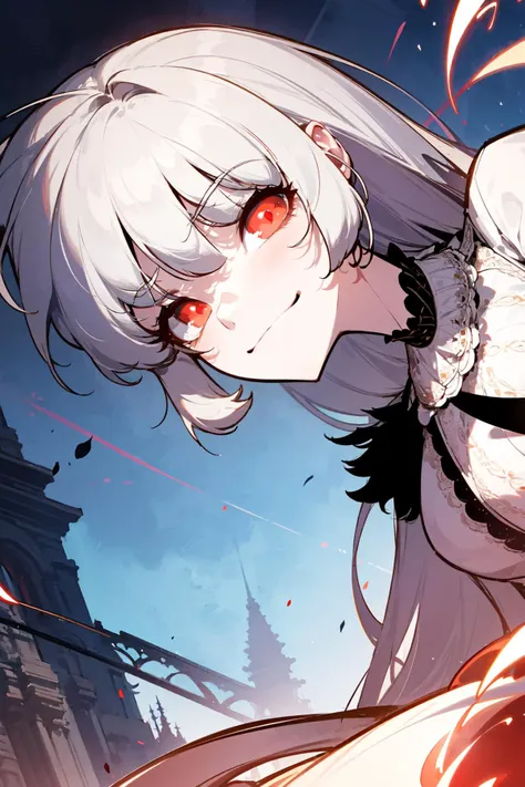 anime girl with white hair and red eyes holding a sword