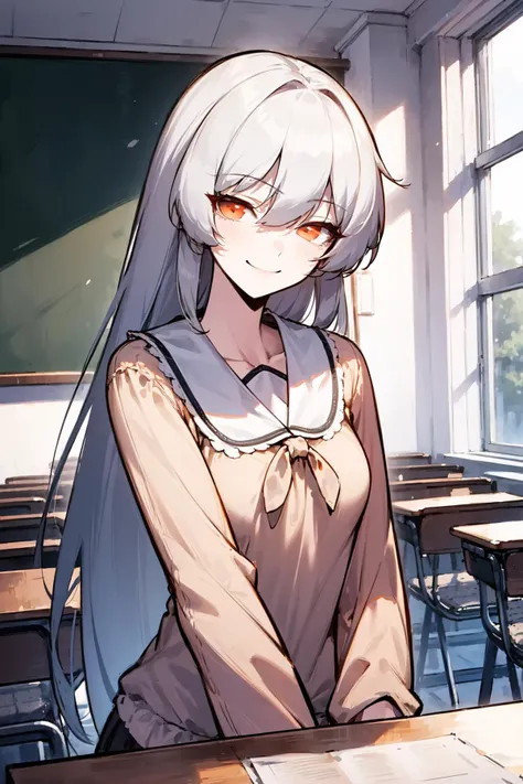 masterpiece, high quality,  <lora:Alice_Human-000003:1> 1girl, THG-Alice, white hair, red eyes, yellow sweater, upper body, smile, classroom, cowboy shot