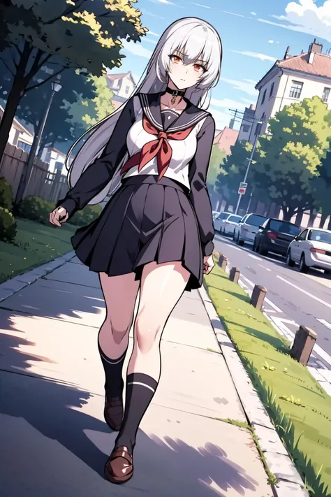 masterpiece, high quality, <lora:Alice_Human:1> 1girl, solo, THG-Alice, long hair, white hair, black serafuku, black sailor collar, walking, outdoors, dutch angle