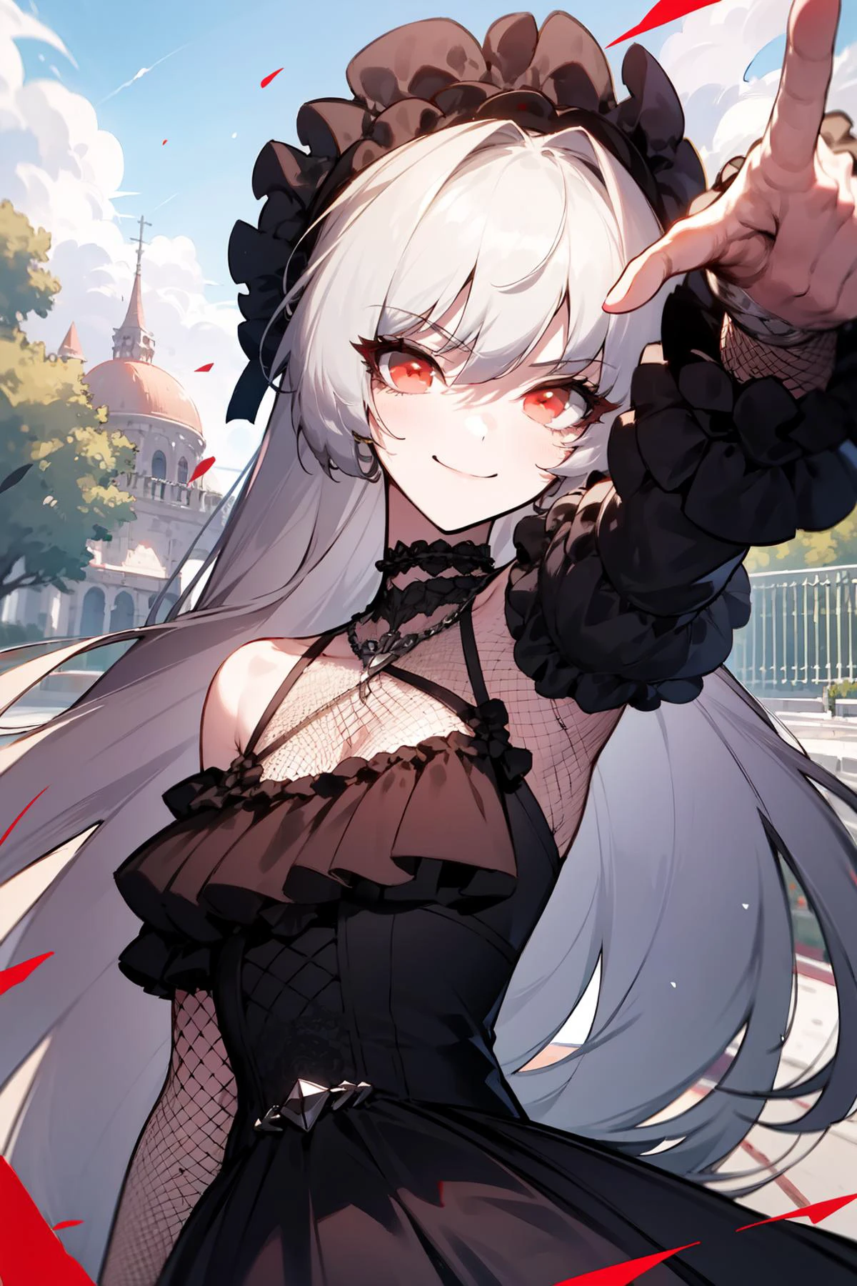masterpiece, high quality, <lora:Alice_Human-000003:1> 1girl, THG-Alice, white hair, red eyes, black dress, fishnets, pointing at viewer, upper body, smile, outdoors, cowboy shot