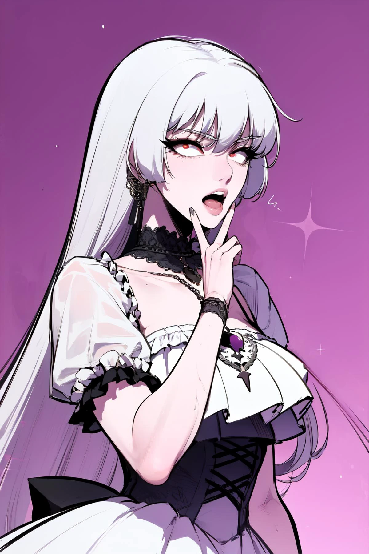 masterpiece, high quality, <lora:Alice_Human:1> 1girl, solo, THG-Alice, white hair, white dress, upper body, <lora:V:1> hand to own mouth