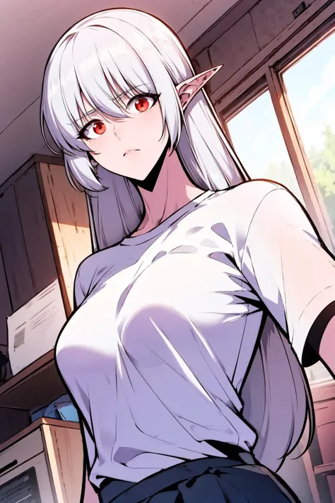 an illustration of <lora:Alice Von Ataraxia:1> thg-alice, pointy hairs, with long hair and white hair, wearing a white shirt and a black skirt, image of the upper body, using a dutch angle, BREAK in the style of <lora:Solo_Max-Level_Newbe (Version_B):0.4>