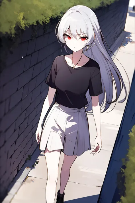 anime girl walking down a sidewalk with a black shirt and white skirt