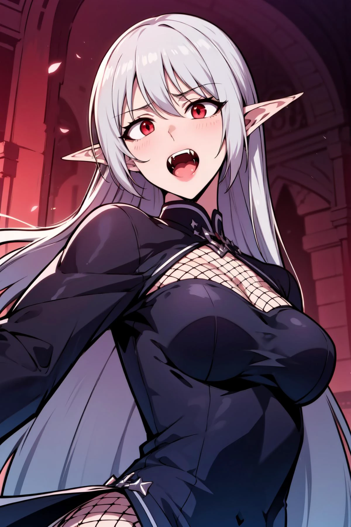 masterpiece, best quality, 1girl, <lora:Alice Von Ataraxia:1> thg-alice,pointy ears, long hair, white hair, red eyes, open mouth, fangs, gothic, black gothic dress \(idolmaster\), fishnets, upper body