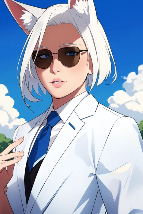 (masterpiece, best quality), intricate details,
1girl, <lora:kaga:0.8> kaga(azur lane), kitsune, animal ears, multiple tails, white hair, blue eyes, animal ear fluff, solo, fox ears, white tail, tail, sky, large breasts, areola slip, fox tail, fox girl, short hair,looking at viewer
black business suit, sunglasses, <lora:Prop_Sunglasses_v1:0.8> Glasses, Sunglasses, Aviators,