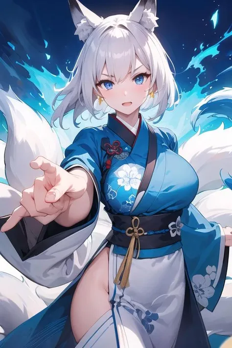 Masterpiece, 1girl, close up, wear blue hanfu, Chinese Traditional cloth, hair braid, Fist to Fist ,Fist bump, blue background, fire flame effect, ink painting style, dynamic pose, battle pose, open hand, good hand <lora:DynamicKungfu:0.8>, kaga(azur lane), kitsune, animal ears, multiple tails, white hair, blue eyes, animal ear fluff, solo, fox ears, white tail, tail, sky, large breasts, fox tail, fox girl, short hair, looking at viewer <lora:kaga1:1.15>