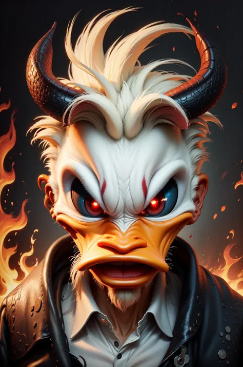 d0nald looking like a demon, angry, devil, red eyes, portrait, fire background