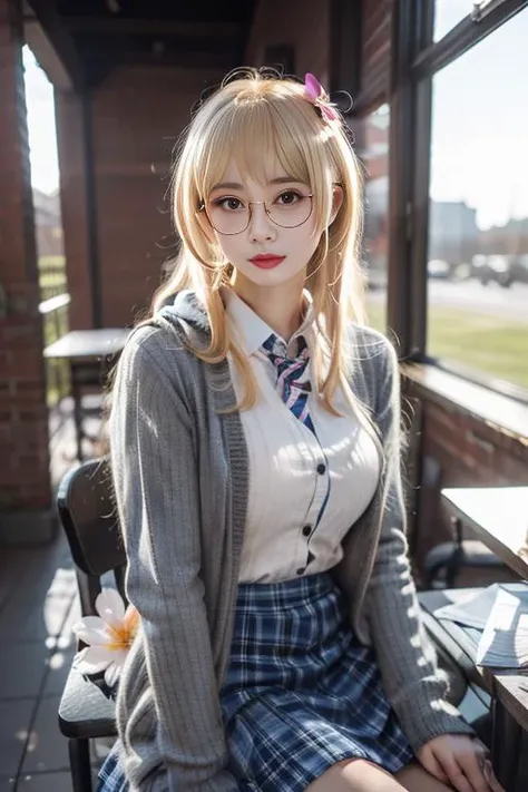 ultra-detailed,highly detailed,best quality,masterpiece,illustration,
hood \(warship girls r\), 1girl, solo, cosplay,
blonde hair, long hair, ahoge, bangs, hair flower,pink flower,
school uniform,union jack,open cardigan,ribbed sweater vest, collared shirt, long sleeves,sleeves past wrists, plaid skirt, pleated skirt, glasses, red-framed eyewear,
looking at viewer,indoors, classroom,
blurry background,outdoors, depth of field,day, photo background, building,
<lora:hood warship girls r_v8_07:0.7>