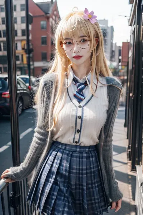 ultra-detailed,highly detailed,best quality,masterpiece,illustration,
hood \(warship girls r\), 1girl, solo, cosplay,
blonde hair, long hair, ahoge, bangs, hair flower,
school uniform,union jack,ribbed sweater vest, collared shirt, long sleeves,sleeves past wrists, plaid skirt, pleated skirt, glasses,
walking, looking at viewer,
blurry background,outdoors, depth of field,day, photo background, building,
<lora:hood warship girls r_v8_07:0.7>
