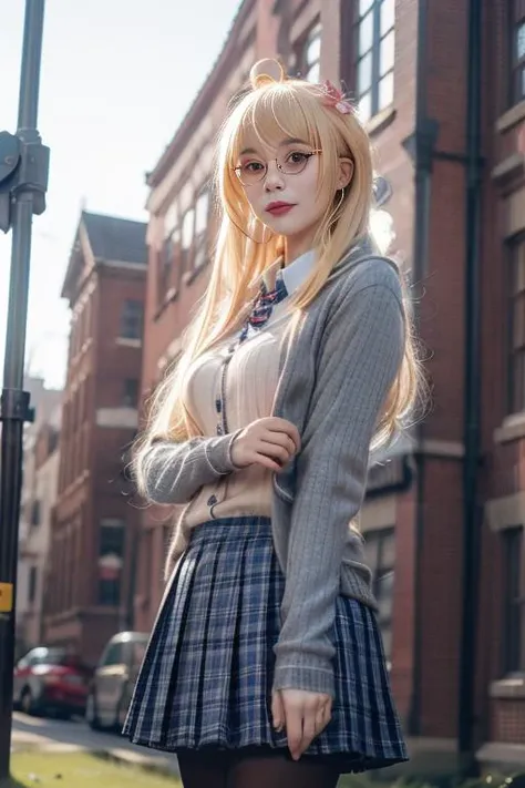 ultra-detailed,highly detailed,best quality,masterpiece,illustration,
hood \(warship girls r\), 1girl, solo, cosplay,
blonde hair, long hair, ahoge, bangs, hair flower,
school uniform,union jack,ribbed sweater vest, collared shirt, long sleeves,sleeves past wrists, plaid skirt, pleated skirt,pantyhose, glasses,
walking, looking at viewer,
blurry background,outdoors, depth of field,day, photo background, building,
<lora:hood warship girls r_v8_02:1.0>