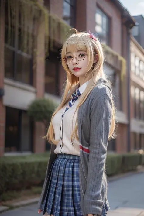 ultra-detailed,highly detailed,best quality,masterpiece,illustration,
hood \(warship girls r\), 1girl, solo, cosplay,
blonde hair, long hair, ahoge, bangs, hair flower,
school uniform,union jack,ribbed sweater vest, collared shirt, long sleeves,sleeves past wrists, plaid skirt, pleated skirt, glasses,
walking, looking at viewer,
blurry background,outdoors, depth of field,day, photo background, building,
<lora:hood warship girls r_v8_07:0.7>