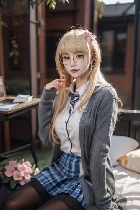 ultra-detailed,highly detailed,best quality,masterpiece,illustration,
hood \(warship girls r\), 1girl, solo, cosplay,
blonde hair, long hair, ahoge, bangs, hair flower,pink flower,
school uniform,union jack,open cardigan,ribbed sweater vest, collared shirt, long sleeves,sleeves past wrists, plaid skirt, pleated skirt, glasses, red-framed eyewear,
looking at viewer,indoors, bedroom, sitting, wariza,
blurry background,outdoors, depth of field,day, photo background,
<lora:hood warship girls r_v8_07:0.7>