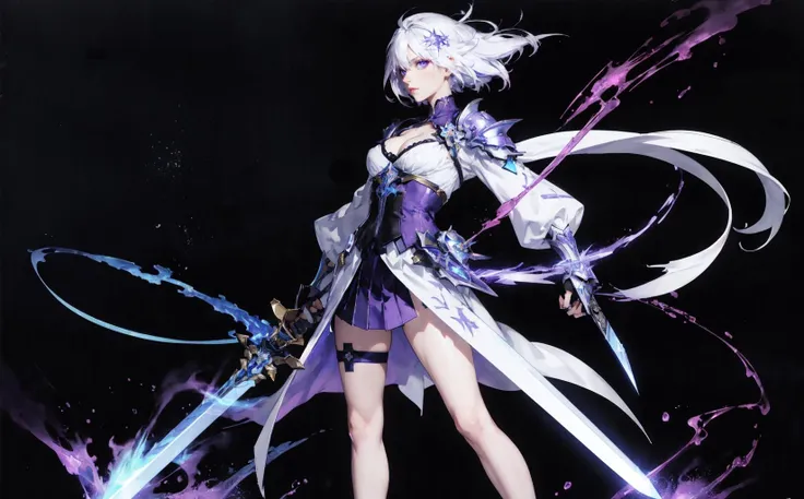 <lorta: oil_ painting: 1><lora:fechin (1):0.6>colorful, 1girl, white hair, purple eyes, dual wielding, sword, holding sword, blue flames, glow, glowing weapon, light particles, wallpaper, chromatic aberration, full body,