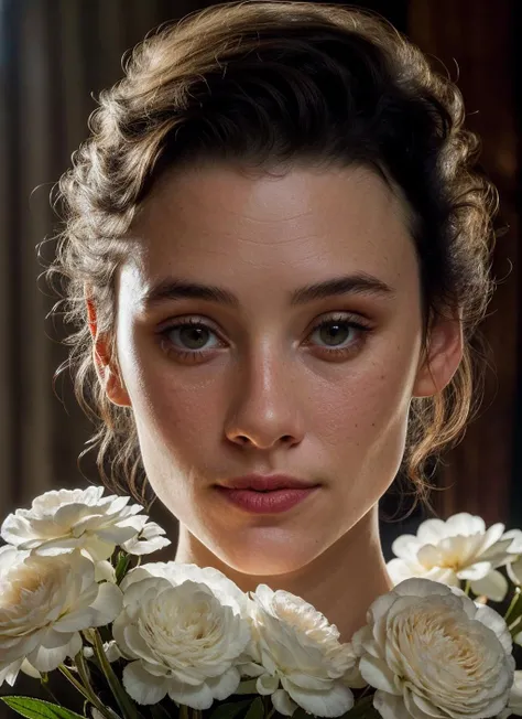 <lora:AstridBerges_v1:1.0> AstBrgs, a woman with updo hair holding a bunch of flowers in her hands, smile, <lora:add_detail:0.3>, (masterpiece:1.2), (intricate details:1.2), cinematic lighting, realism, realistic, RAW photo, 4k, highres, extremely intricate, photorealistic, selective focus, best quality, photo, real, extremely detailed, amazing, fine detail, rich colors, hyperrealistic lifelike texture, dramatic lighting, unrealengine, trending on artstation, cinestill 800 tungsten, high quality, sharp focus,8k uhd, absurdres