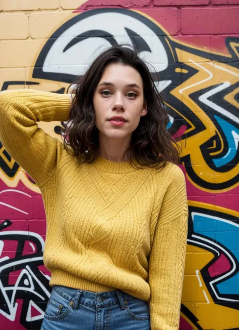 <lora:AstridBerges_v1:1.0>portrait of AstBrgs woman, in front of a graffiti wall, outside, happy, yellow sweater and a blue high-waisted pants, epic character composition, <lora:add_detail:0.3>, pink lips