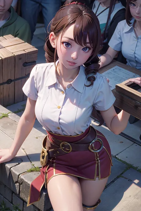 masterpiece, best quality,1girl,young girl,brown eyes,drill hair,earnest _facesmile,shiny skin,(nice leg line:1.3),thin waist,huge breasts,
BREAK
knights, chivalry, honor, holy quests, cursed items, holy orders, epic confrontations, demons and undead
BREAK
around crowd:1.1,depth of field,looking at viewer,from above,upper body