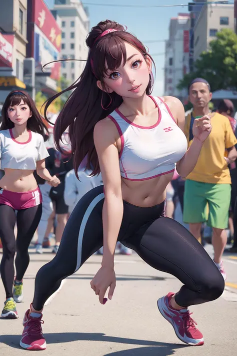 masterpiece, best quality,1girl,young girl,brown eyes,long hair,shameful _facesmile,shiny skin,(nice leg line:1.3),thin waist,huge breasts,
BREAK
Cropped leggings, sports bra, crop top, running shoes, and headband
BREAK
around crowd:1.1,depth of field,looking at viewer,from below,full body