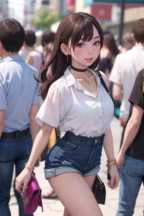masterpiece, best quality,1girl,young girl,brown eyes,long hair,upset _facesmile,shiny skin,(nice leg line:1.3),thin waist,huge breasts,
BREAK
, White_linen_button-up_blouse, denim_cutoff_shorts, shell_choker_necklace, brown_leather_sandals, woven_crossbody_bag,
BREAK
around crowd:1.1,depth of field,looking at viewer,from side,upper body