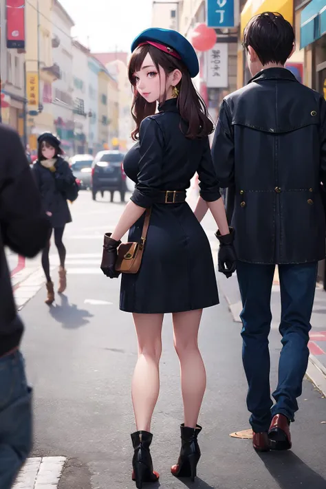 masterpiece, best quality,1girl,young girl,brown eyes,long hair,unfair _facesmile,shiny skin,(nice leg line:1.3),thin waist,huge breasts,
BREAK
, Black_turtleneck_midi_dress, heeled_booties, beret, leather_gloves, crossbody_bag,
BREAK
around crowd:1.1,depth of field,looking at viewer,from behind,full body