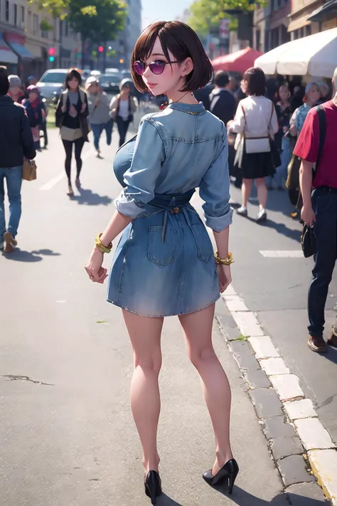 masterpiece, best quality,1girl,young girl,brown eyes,short hair,idea _facesmile,tan skin,(nice leg line:1.3),thin waist,huge breasts,
BREAK
, Chambray_shirt_dress, nude_pumps, statement_necklace, cuff_bracelet, aviator_sunglasses,
BREAK
around crowd:1.1,depth of field,looking at viewer,from behind,full body