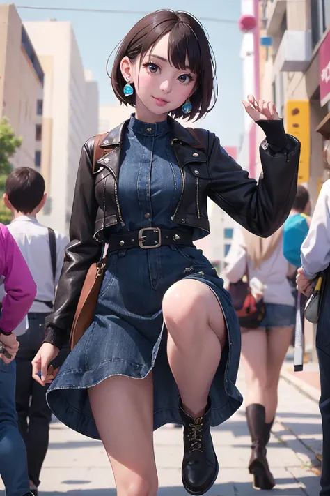 masterpiece, best quality,1girl,young girl,brown eyes,short hair,with distaste _facesmile,shiny skin,(nice leg line:1.3),thin waist,huge breasts,
BREAK
, Navy_blue_maxi_dress, black_leather_jacket, black_ankle_boots, black_crossbody_bag, silver_stud_earrings,
BREAK
around crowd:1.1,depth of field,looking at viewer,from below,upper body