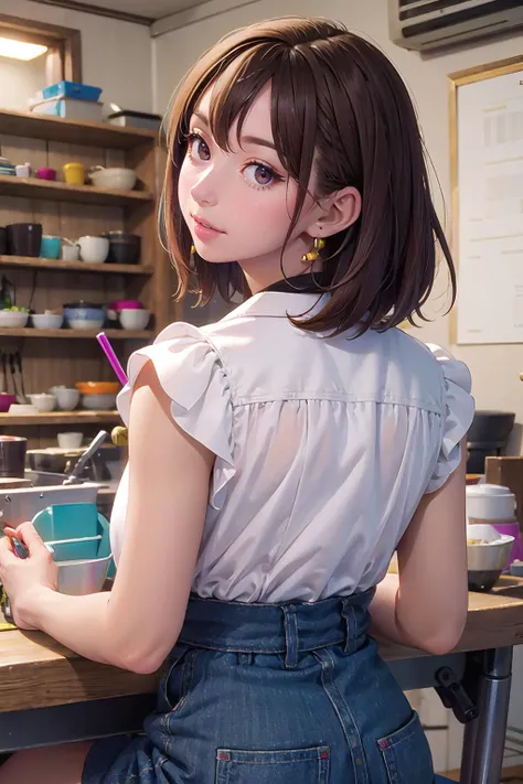 masterpiece, best quality,1girl,young girl,brown eyes,short hair,gentle _facesmile,shiny skin,(nice leg line:1.3),thin waist,huge breasts,
BREAK
, Jewelry_making_studio,
BREAK
around crowd:1.1,depth of field,looking at viewer,from behind,upper body