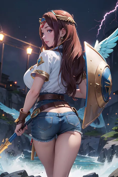 masterpiece, best quality,1girl,young girl,brown eyes,long hair,irritating _facesmile,shiny skin,(nice leg line:1.3),thin waist,huge breasts,
BREAK
Valkyrie warrior, winged helmet with a protective visor, enchanted spear with a lightning pattern, shield with a gold trim, enchanted amulet for flight, mountaintop fortress with a hidden armory
BREAK
around crowd:1.1,depth of field,looking at viewer,from behind,upper body