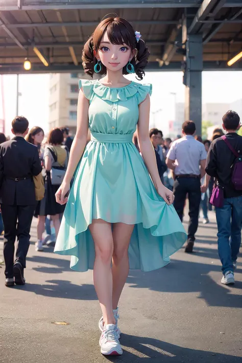 masterpiece, best quality,1girl,young girl,brown eyes,drill hair,lamented _facesmile,tan skin,(nice leg line:1.3),thin waist,huge breasts,
BREAK
, Mint_flower_dress, white_sneakers, silver_earrings,
BREAK
around crowd:1.1,depth of field,looking at viewer,from front,full body
